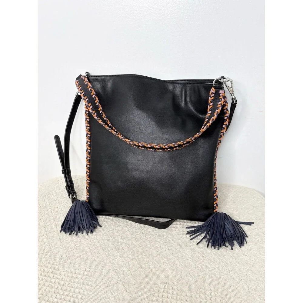 Rebecca Minkoff Chase Convertible Hobo Bag Black Leather Tassel Braided Boho